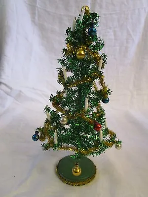 Vintage Christmas Tinsel Green Tree 13.5  W/ Candles Mercury Glass Balls Garland • $15