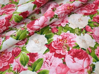 Red Pink White Roses Bouquet Print Cotton Fabric 44 W Bty Vintage Chic Victorian • $8.99