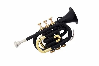 MINI POCKET SALE NEW  BLACK COLOUR BRASS Bb FLAT POCKET TRUMPET FREE CASE+M/P • $122.58