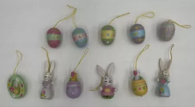 13 Vtg Easter Tree Small Ornaments 1.5-2.75” Color Painted Wooden Eggs & Bunnies • $10.99