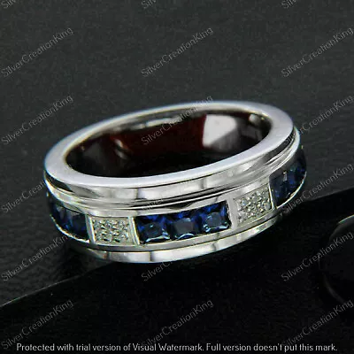 2Ct Simulated Sapphire Men's Engagement Channel Set Ring 14K White Gold Plated • $78.88