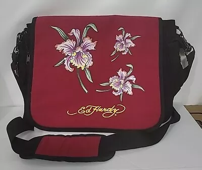 Ed Hardy Messenger Bag  Black/Maroon Nylon Size 16 X14  ! Lite Travel • $23.99