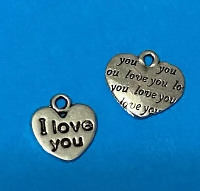 Tibetan Alloy Antique Silver 2 Sided Hearts Charms With I LOVE YOU & LOVE YOU • £3.45