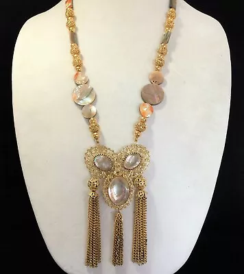 Vintage Massive Oval Abalone Shell Statement Necklace Gold Tone Tassels 319 • $35