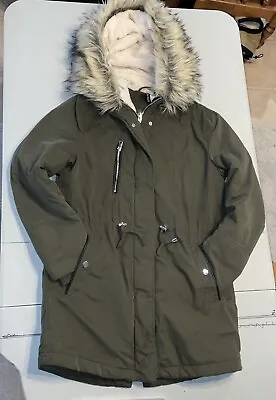 H&M Divided Olive Green Utility Parka Winter Coat Jacket Faux Fur Hood Small. • $15