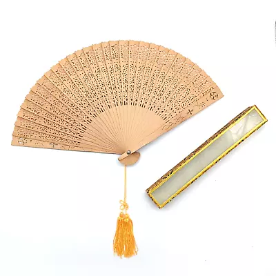 Vintage Sandalwood Fan Chinese Sensu Filagree Carved Openwork Orange Tassels Box • $26