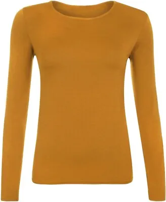 Womens Ladies Long Sleeves Stretch Plain Round Scoop Neck T Shirt Top Sizes 8-26 • £8.95