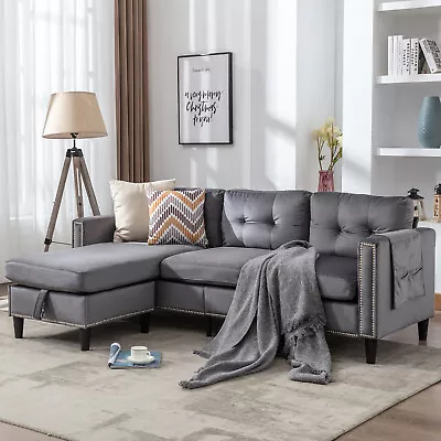 GrayVelvet L Shape Convertible Sectional Sofa Couch Reversible Chaise StorageUSB • $339.99