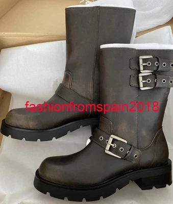 $88.88 • Buy Zara New Woman Flat Biker Ankle Boots With Buckles Brown 35-42 1121/210