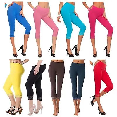 £2.99 • Buy New Womens Plus Size Plain Lace Trim Soft Cropped Capri 3/4 Leggings Pants 12-30