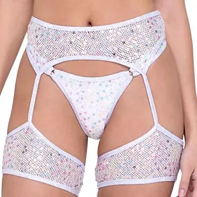 Sequin Fishnet Garter Belt Iridescent Trim Wide Straps Dance Rave White 6230 • $37.79