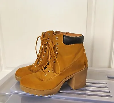 Women's Mustard Yellow Lace Up Boots Shoes By London Rebel Size 9 Suede  • $15