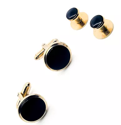 Sheild's Black And Gold Cufflink And Collar Stud Vintage Signed Set • $13.50