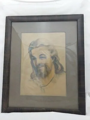 Vtg Watercolor Jesus Portrait Tiger Maple Pattern Rolled On Frame 12.75  X 15.5 • $17.49