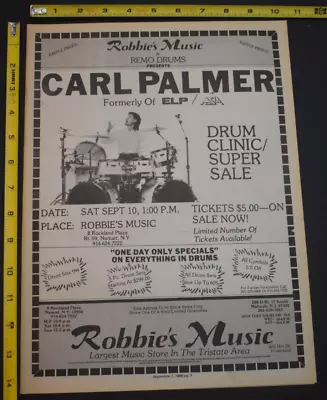 Carl Palmer 1988 Drum Clinic Ad Robbie's Music NJ ELP Asia • $11.99