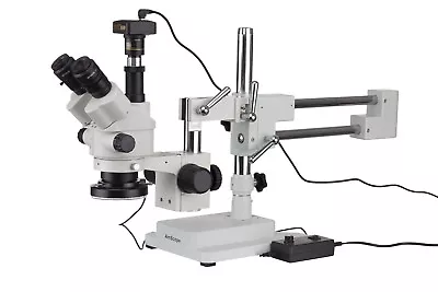 Amscope 7X-45X Simul-Focal Stereo Zoom Boom Microscope  + 5MP Camera  +LED Light • $801.99