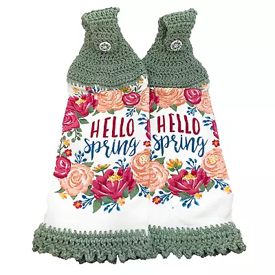 Shabby Chic Hanging Kitchen Towel Set Crochet Top Cabbage Rose Wreath Light Sage • $14.39