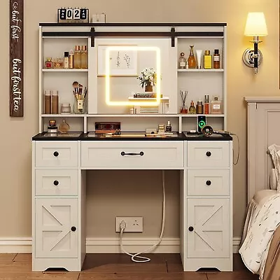 Farmhouse Vanity Desk With Sliding Mirror&Lights Large Makeup Vanity W/5 Drawers • $259.97