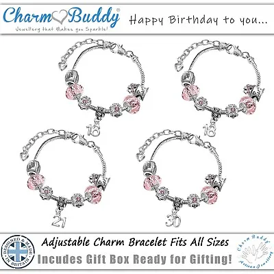 Womens Sparkly Pink Crystal Birthday Charm Bracelet With Gift Box 16th 21st 30th • £14.99