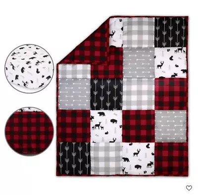 New Buffalo Plaid Woodland Theme Baby Crib Bedding Set - Red/Black/Gray - 3pc • $39.99