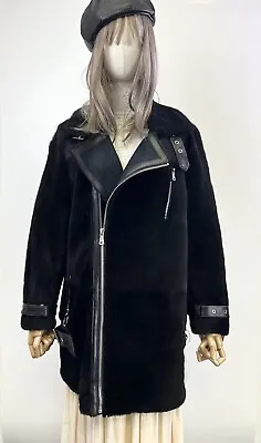 New Women Real Merino Sheepskin Shearling 2-WAY Collar Motorcycle Coat S/M Black • $195