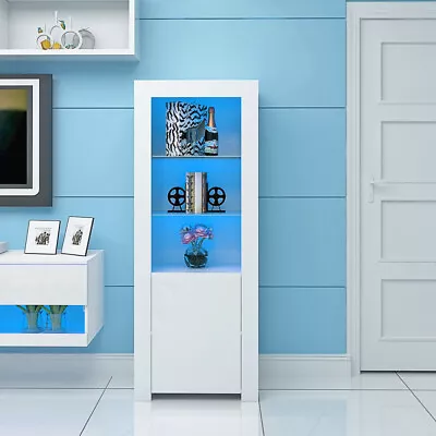 Tall Display Cabinet Sideboard Cupboard Unit High Gloss Doors LED Lights White • £83.52