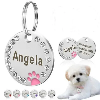 £4.30 • Buy  Personalised Diamonds ENGRAVING Dog ID Cat ID Name Bling Tag Puppy Pet ID Tags 