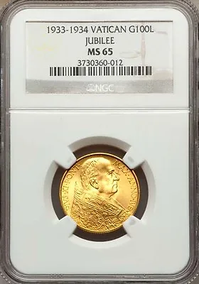 Vatican City 1933-34 100 Lire Gold Coin Gem Uncirculated Certified Ngc Ms-65 • $985