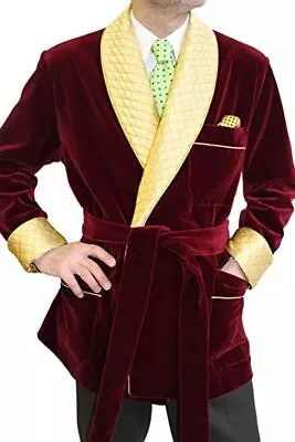 Men Burgundy Smoking Jacket With Yellow Quilted Vintage Style Smoking Jackets • $149