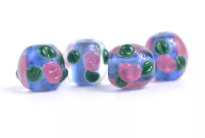 New 4 Piece Set Of Fine Murano Lampwork Glass Beads- 10mm Raised Flowers- A7172c • $0.99