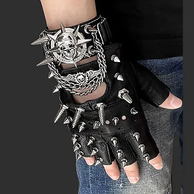 Men's Rivet Leather Gloves Motorcycle Steampunk Fingerless Gloves With Bracelet • $18