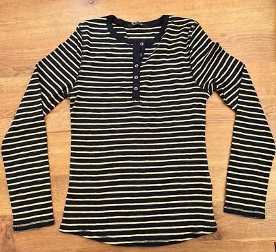 Ex-M & S Black/Beige Striped 100% Cotton Jersey Long Sleeved Henley Top - BNWOT • £9.99