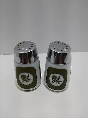 Vintage 1960s/70s Avocado Green-milk Glass- Crome Top Salt And Pepper Shakers • $17.99
