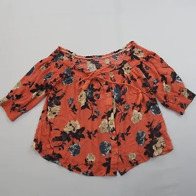 Miss Me Floral Boho Top Size Large Orange Button Front Half Sleeve Tassels • $13.49