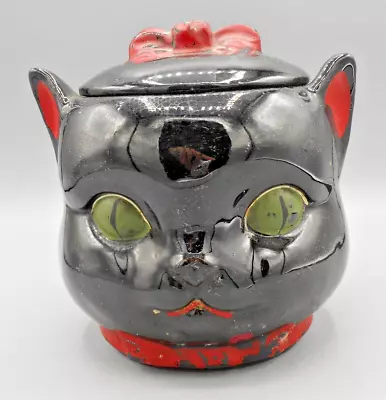 Vintage Shafford Black Cat Cookie Jar Green Eyes Red Accents 5.5  Tall • $39.99