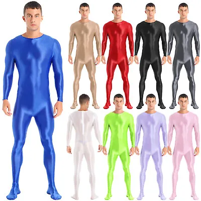 US Men Glossy Smooth Bodystocking Long Sleeve One-Piece Bodysuit Sports Jumpsuit • $17.01