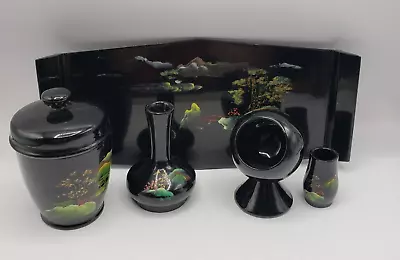 Vintage Lacquerware 6 Piece Vanity Or Desk Set With Painted Scenes • $20