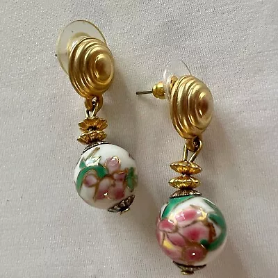 Vintage Flower Painted Art Glass Bead Dangle  Gold Tone Estate Costume Earrings • $24.99