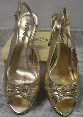 Ladies Farfalla New Sling Back Peep Toe Shoes Size 6 Shiny Gold 3 Inch Heel • £14.99