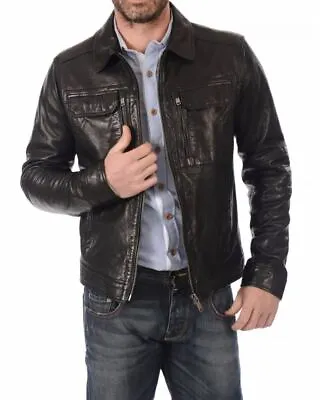 Men's Black Leather Jacket Genuine Real Soft Lambskin Leather Man Classic Coat • $69.99