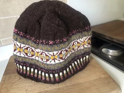 Unisex Hand Knitted Shetland Fair Isle Beanie 100% Wool Size Large • £18