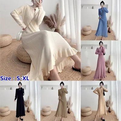 Women Ruffle Keyhole Neck Long Sweater Dress Slim Waist Pleated Knit Vestido • £38.32