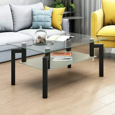 Mid-Century Rectangle Glass Top Coffee Table With Storage Shelf • $142.39