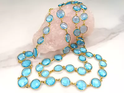 Vtg 925 Sterling Gold Vermeil Open Bezel Aqua Blue Crystal 38  Sautoir Necklace • $29