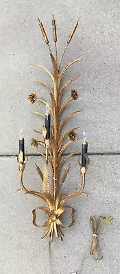 **Vintage MCM  GILDED METAL CATTAIL WALL SCONCE ITALY 40   TOLE 3-BULB ~VIDEO • $174.49