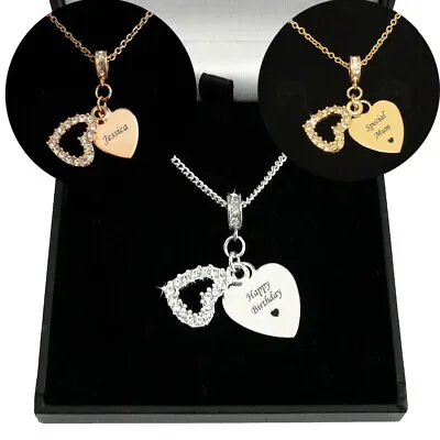 Personalised Necklace Engraved Two Heart Pendants Silver Gold Or Rose Gold • £19.99