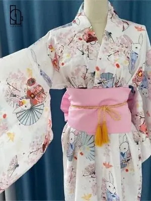 Luck A Peach Blossom Wish Rabbit Yukata Set Cute Summer Bathrobe With Waist Belt • £37.41