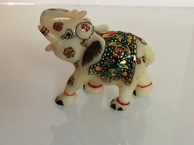 Marble Elephant Statue Trunk Up Hand Painted Art Home Decor Sculpture Made India • $15.99