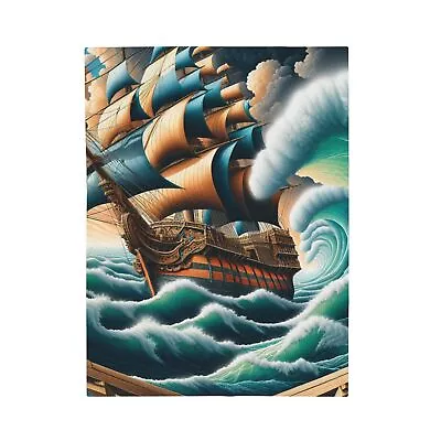 Velveteen Plush Blanket Beach Home Decor Nautical Ship At Sea Pirate Ocean Waves • £27.11