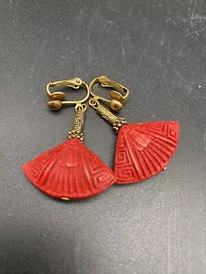 Vintage Clip On Earrings Red & Gold Tone Dangle • $10